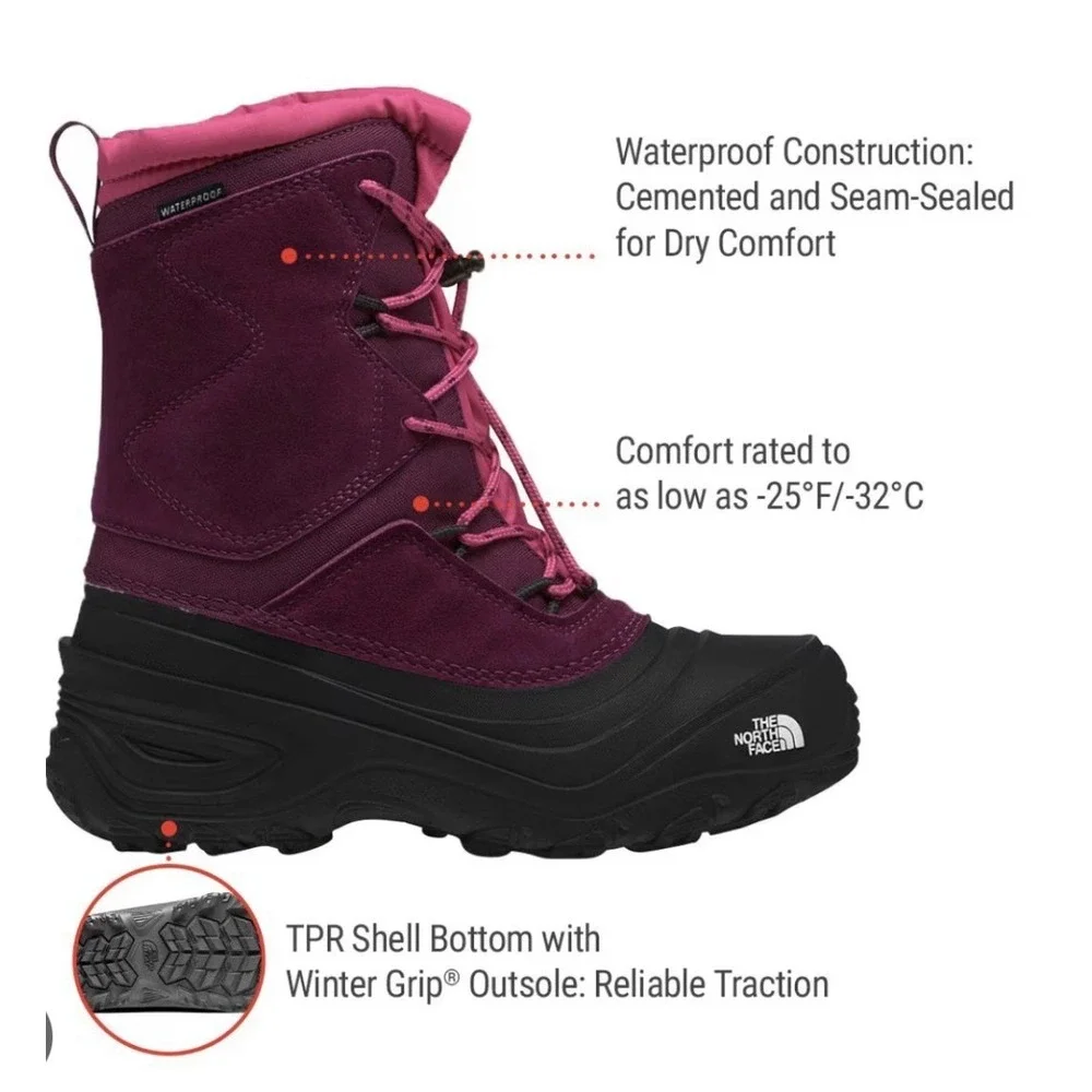 The North Face Alpenglow IV Purple Pink Waterproof Winter Snow Boots Kids Size 2